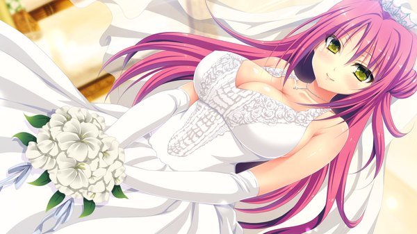 Anime picture 1024x576 with mirai senki slavenil long hair blush breasts light erotic smile wide image large breasts yellow eyes pink hair game cg cleavage wedding girl dress gloves flower (flowers) elbow gloves bouquet wedding dress