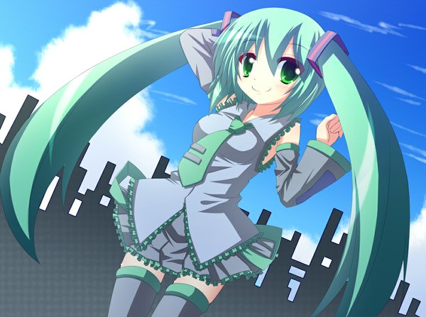 Anime picture 1114x830 with vocaloid hatsune miku shefu single long hair smile twintails green eyes sky cloud (clouds) aqua hair girl skirt detached sleeves miniskirt necktie