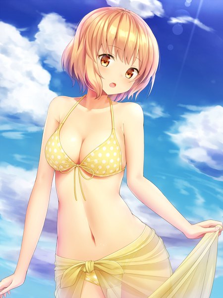 Anime picture 1200x1600 with original stm (setaku3) single tall image looking at viewer blush fringe short hair breasts open mouth light erotic standing bare shoulders holding cleavage cloud (clouds) sunlight orange hair :o orange eyes