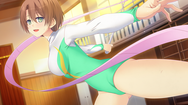 Anime picture 2560x1440 with kanojo step yanagi asuka single blush highres short hair breasts open mouth light erotic brown hair wide image green eyes game cg girl ribbon (ribbons)