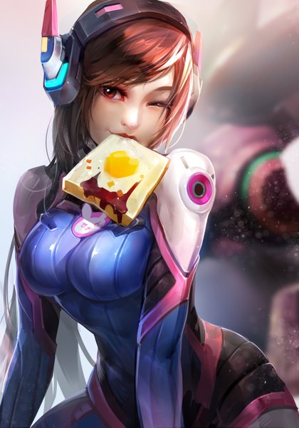 Anime picture 1179x1684 with overwatch blizzard entertainment d.va (overwatch) meka (overwatch) mummy (artist) single long hair tall image fringe breasts light erotic brown hair large breasts sitting holding brown eyes looking away one eye closed lips blurry