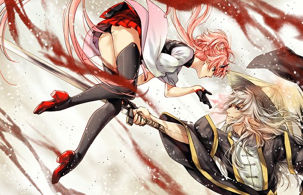 Anime picture 800x515 with original pixiv fantasia pixiv fantasia t kingchenxi long hair light erotic yellow eyes pink hair bent knee (knees) traditional clothes pleated skirt horn (horns) pointy ears grey hair black eyes pantyshot outstretched arm magic face to face girl