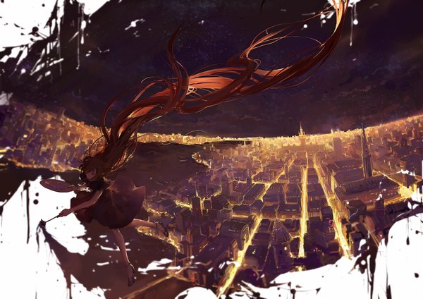 Anime picture 2000x1414 with original moss (2225028) single highres brown hair brown eyes very long hair city girl dress paintbrush art brush