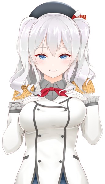 Anime picture 602x1053 with kantai collection kashima training cruiser yasuto (eria151) single long hair tall image looking at viewer blue eyes simple background white background white hair girl gloves uniform white gloves epaulettes