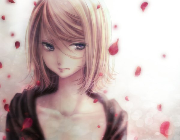 Anime picture 900x700 with vocaloid kagamine rin shino (syllable) single fringe short hair blonde hair purple eyes looking away lips sad girl petals