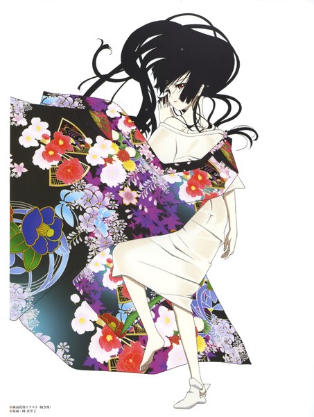 Anime picture 2550x3371 with hell girl studio deen enma ai single long hair tall image highres black hair simple background red eyes white background traditional clothes japanese clothes looking back scan floral print pale skin girl flower (flowers) socks