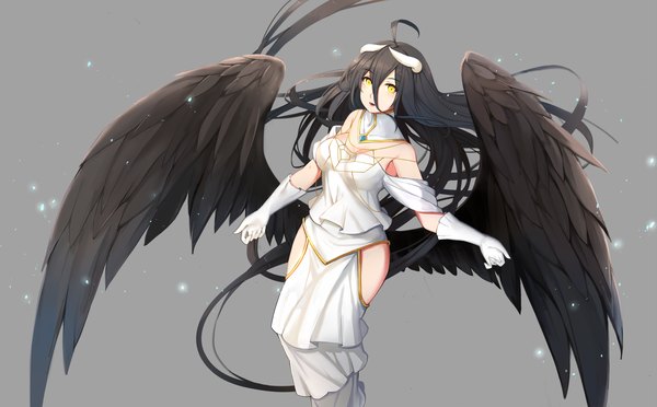 Anime picture 2000x1240 with overlord (maruyama) madhouse albedo (overlord) yingji (zszero) single long hair looking at viewer highres open mouth black hair wide image yellow eyes ahoge horn (horns) grey background low wings girl dress gloves wings