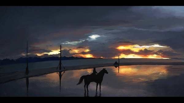 Anime picture 1500x844 with original bryanth wide image sky cloud (clouds) evening reflection sunset landscape silhouette animal water horse