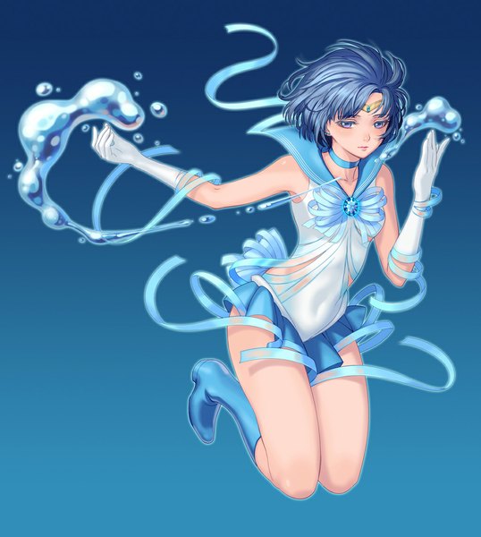 Anime picture 1023x1142 with bishoujo senshi sailor moon toei animation mizuno ami sailor mercury eclosion single tall image short hair blue eyes blue hair blue background girl skirt gloves miniskirt water boots sailor suit