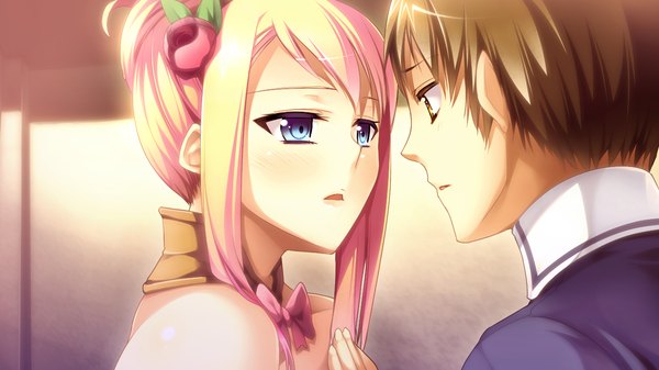 Anime picture 1280x720 with gensou douwa alicetale blush short hair blue eyes blonde hair brown hair wide image game cg hair flower girl boy hair ornament