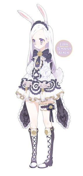 Anime picture 700x1468 with tera online elin (tera) deathalice single long hair tall image standing white background purple eyes signed animal ears full body white hair tail animal tail bunny ears text symbol-shaped pupils english lacing