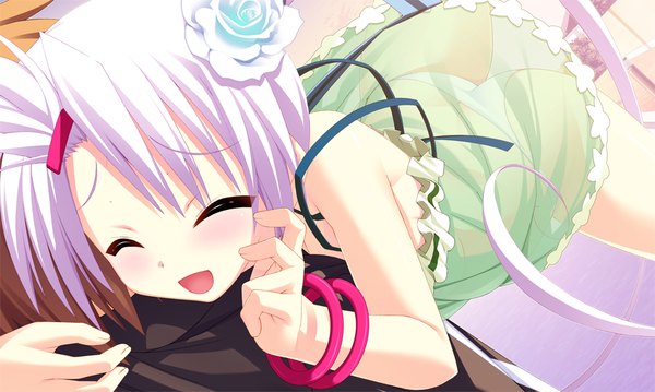 Anime picture 1024x614 with twinkle crusaders twinkle crusaders -passion star stream- illear long hair blush open mouth light erotic wide image game cg cleavage white hair eyes closed girl hair ornament underwear panties ribbon (ribbons) bracelet hairclip