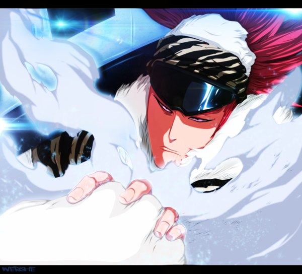 Anime picture 1800x1634 with bleach studio pierrot abarai renji wershe single long hair highres red hair pink eyes coloring light smoke boy fur goggles bandana