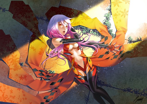 Anime picture 1100x778 with guilty crown production i.g yuzuriha inori fukushi ryouhei single long hair breasts open mouth light erotic red eyes bare shoulders pink hair lying sleeveless center opening girl thighhighs gloves navel black thighhighs