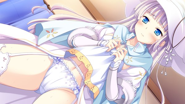 Anime picture 1280x720 with witch's garden yukimura suzuno ko~cha single long hair blue eyes light erotic wide image game cg silver hair dress lift girl thighhighs underwear panties hat white thighhighs