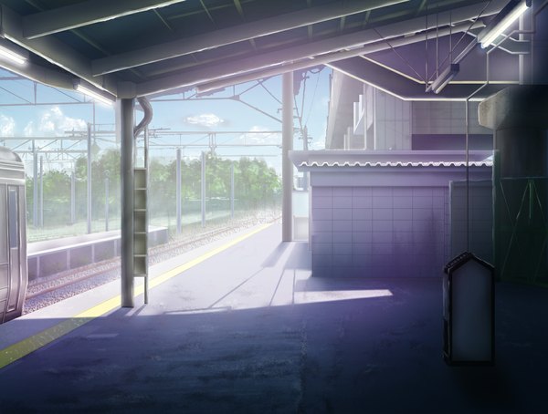 Anime picture 1080x818 with original geshi cloud (clouds) shadow no people plant (plants) tree (trees) train train station