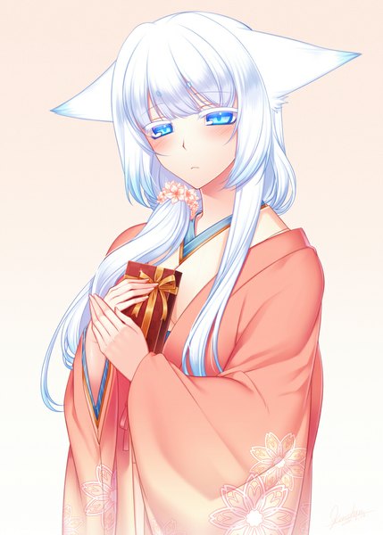 Anime picture 777x1087 with original pixiv fantasia pixiv fantasia fallen kings konshin single long hair tall image blush blue eyes simple background animal ears white hair traditional clothes japanese clothes girl gift