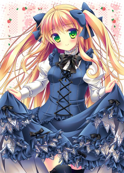 Anime picture 740x1035 with original mizuki yuuma single long hair tall image looking at viewer blush blonde hair smile green eyes two side up girl thighhighs dress bow black thighhighs hair bow