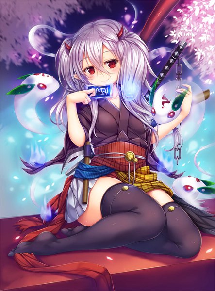 Anime picture 1000x1353 with snowcanvas single long hair tall image looking at viewer blush smile red eyes white hair traditional clothes japanese clothes horn (horns) ghost girl thighhighs black thighhighs petals