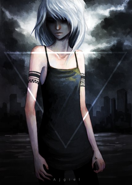 Anime picture 1455x2041 with original ajgiel single long hair tall image signed sky silver hair cloud (clouds) black eyes shadow tattoo city cityscape girl tank top