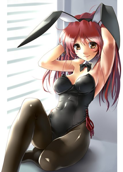 Anime picture 571x800 with original katahira masashi single long hair tall image blush breasts light erotic smile sitting bare shoulders brown eyes animal ears red hair bunny ears fake animal ears hands on head girl pantyhose leotard