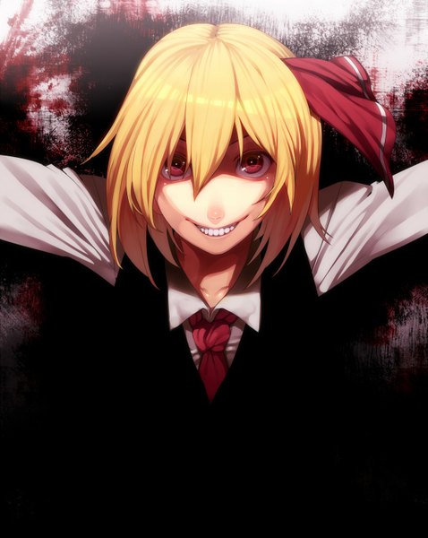 Anime picture 1189x1494 with touhou rumia irohara mitabi tall image looking at viewer short hair smile red eyes teeth tears evil grin girl ribbon (ribbons) necktie blood
