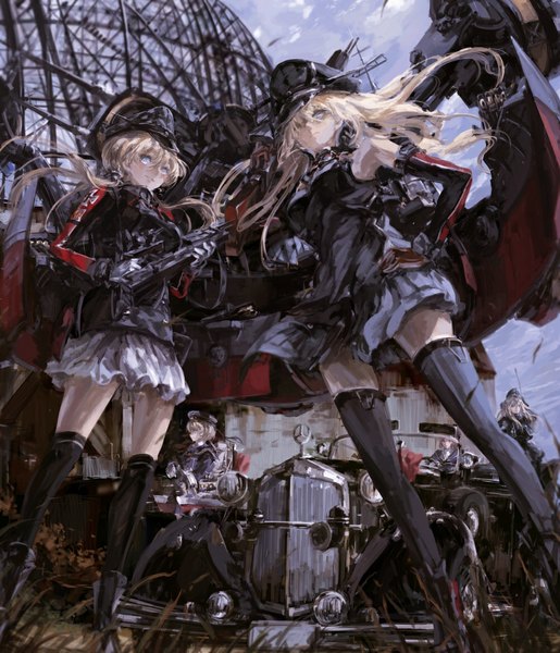 Anime picture 1000x1164 with kantai collection bismarck battleship prinz eugen (kantai collection) u-511 submarine z3 destroyer (max schultz) z1 destroyer (leberecht maass) stu dts long hair tall image looking at viewer fringe short hair blonde hair brown hair standing sitting twintails multiple girls brown eyes hair over one eye