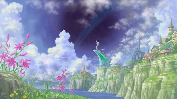 Anime picture 3840x2160 with tales of (series) tales of graces inomata mutsumi highres wide image absurdres sky cloud (clouds) official art wallpaper mountain no people flower (flowers) plant (plants) water sea building (buildings) grass castle bridge