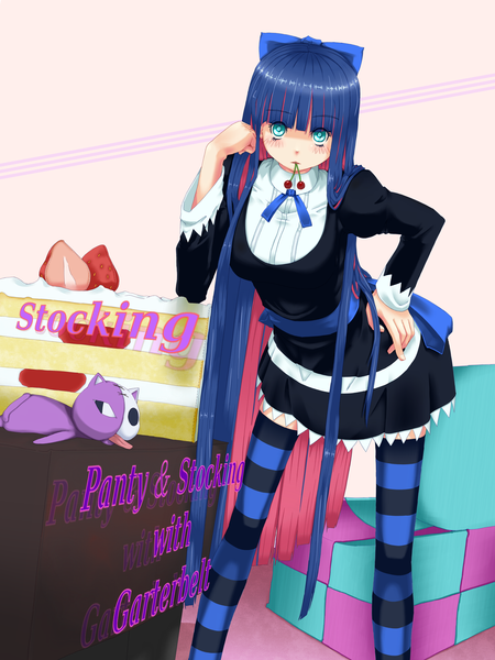 Anime picture 2507x3343 with panty & stocking with garterbelt anarchy stocking single long hair tall image blush highres blue hair pink hair multicolored hair aqua eyes mouth hold colored inner hair girl thighhighs bow hair bow food striped thighhighs berry (berries)