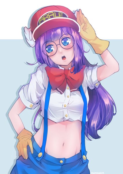 Anime picture 3507x4960 with dr. slump toei animation norimaki arale mst1ng single long hair tall image blush highres open mouth blue eyes simple background looking away absurdres purple hair hand on hip girl gloves glasses flat cap
