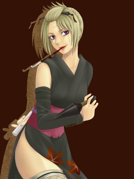 Anime picture 1200x1600 with gintama sunrise (studio) tsukuyo (gintama) single tall image looking at viewer short hair blonde hair smile purple eyes traditional clothes japanese clothes lipstick makeup brown background girl detached sleeves kimono kunai