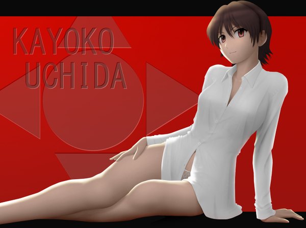 Anime picture 1338x1000 with tentai senshi sunred uchida kayoko siraha single short hair light erotic red eyes brown hair arm support legs hand on hip red background 3d girl shirt white shirt