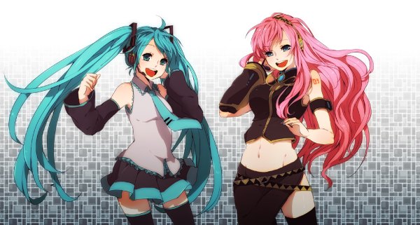 Anime picture 1200x643 with vocaloid hatsune miku megurine luka om (artist) long hair open mouth blue eyes smile wide image twintails bare shoulders multiple girls pink hair pleated skirt aqua eyes aqua hair midriff zettai ryouiki girl thighhighs