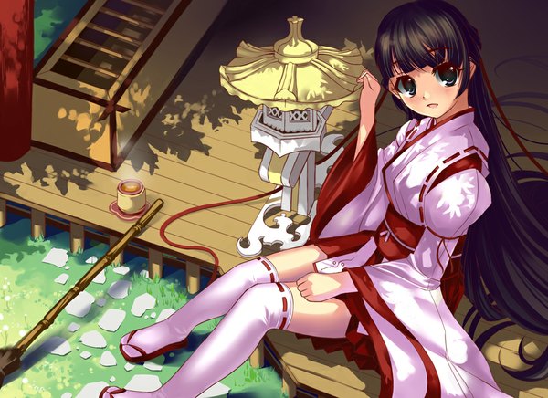 Anime picture 1000x727 with original miyazaki byou single long hair looking at viewer blush open mouth black hair sitting traditional clothes black eyes miko girl thighhighs white thighhighs broom