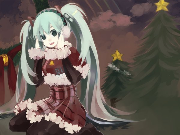 Anime picture 1600x1200 with vocaloid hatsune miku single long hair open mouth twintails green eyes sky cloud (clouds) very long hair aqua eyes aqua hair kneeling christmas new year girl pantyhose headphones star (symbol) fur