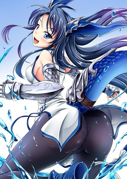 Anime picture 800x1130 with puzzle & dragons karin (p&d) campbell (pixiv) single tall image looking at viewer blush fringe breasts open mouth blue eyes light erotic black hair bare shoulders ass tail :d animal tail horn (horns) gradient background