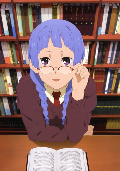 Anime picture 3293x4681 with kannagi nagi (kannagi) single long hair tall image highres purple eyes blue hair absurdres braid (braids) twin braids girl glasses book (books) shelf bookshelf