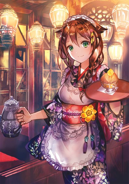 Anime picture 565x800 with kantai collection shigure destroyer rioka single long hair tall image looking at viewer fringe breasts smile hair between eyes brown hair standing holding green eyes indoors braid (braids) traditional clothes japanese clothes wide sleeves