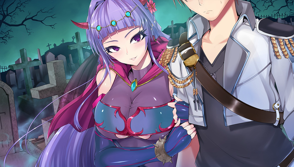 Anime picture 1900x1080 with x-overd protagonist (x-overd) reitia (x-overd) long hair looking at viewer blush fringe highres short hair breasts light erotic wide image large breasts purple eyes purple hair upper body blunt bangs horn (horns) night sleeveless