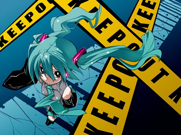 Anime picture 1075x806 with vocaloid hatsune miku long hair twintails very long hair aqua eyes from above aqua hair zettai ryouiki girl thighhighs skirt detached sleeves necktie caution tape gan