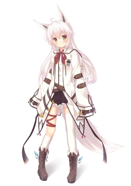 Anime picture 920x1300 with original misaki yuu (dstyle) single long hair tall image looking at viewer blush fringe simple background hair between eyes standing white background animal ears yellow eyes full body ahoge white hair tail long sleeves head tilt