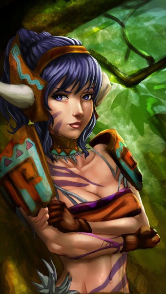 Anime picture 794x1400 with league of legends sejuani (league of legends) carlos eduardo single tall image short hair purple eyes looking away purple hair horn (horns) lips bare belly girl gloves navel fingerless gloves