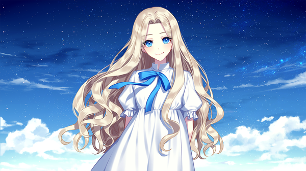 Anime picture 1280x720 with omoide no marnie studio ghibli marnie liluo (jinha) long hair blue eyes blonde hair wide image sky cloud (clouds) girl dress ribbon (ribbons)