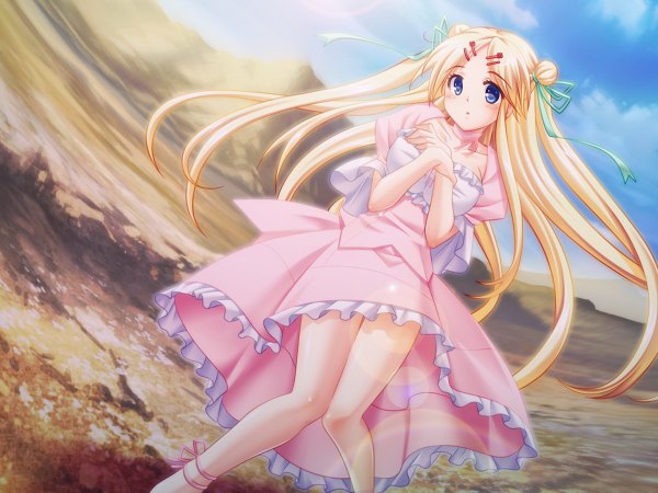 Anime picture 1200x900 with blue eyes blonde hair game cg girl dress ribbon (ribbons)