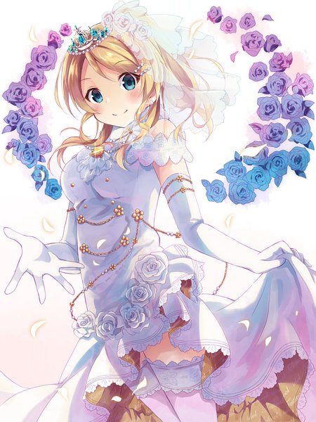 Anime picture 1000x1333 with love live! school idol project sunrise (studio) love live! ayase eli nonono (nononotea) single long hair tall image blush blue eyes blonde hair smile ponytail happy birthday wedding girl thighhighs dress gloves flower (flowers)