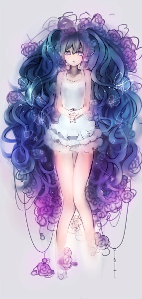 Anime picture 570x1200 with vocaloid hatsune miku gijxgij single long hair tall image looking at viewer fringe open mouth blue eyes simple background hair between eyes twintails bare shoulders payot blue hair full body grey background bare legs :o