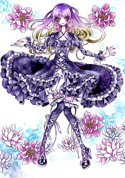 Anime picture 732x1038 with touhou hijiri byakuren miri (lycoris-candy) single long hair tall image looking at viewer blush open mouth multicolored hair two-tone hair spread arms traditional media watercolor (medium) girl thighhighs dress flower (flowers) black thighhighs