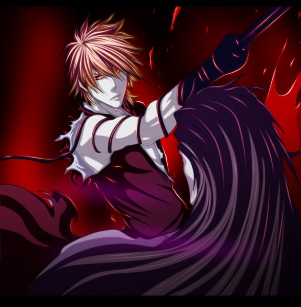 Anime picture 1100x1125 with bleach studio pierrot kurosaki ichigo aizen sousuke hollowcn long hair tall image short hair red eyes brown hair japanese clothes orange hair coloring torn clothes letterboxed boy weapon sword kimono katana