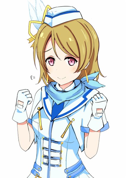 Anime picture 1022x1438 with love live! school idol project sunrise (studio) love live! koizumi hanayo basira single tall image looking at viewer blush fringe short hair simple background smile brown hair standing white background pink eyes short sleeves embarrassed girl