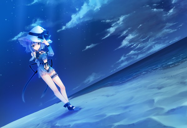 Anime picture 1370x942 with futsuno fantasy single short hair blue eyes blue hair game cg cloud (clouds) night beach girl hat